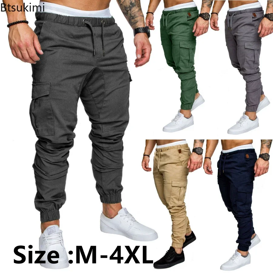 New Men Casual Joggers Pants Solid Thin Cargo Sweatpants Male Multi-pocket Trousers Mens Sportswear Hip Hop Harem Pencil Pants