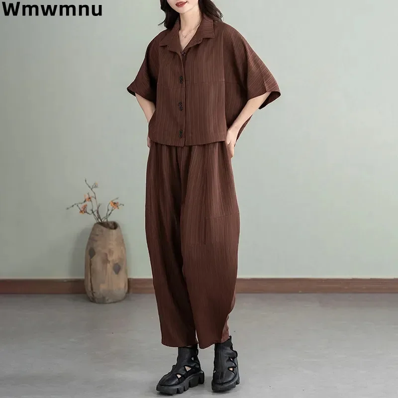 Casual Loose Two Piece Sets High Waist Bloomers Baggy Harem Pants Suit Women Outfit Half Sleeve Shirts Cropped Tops Conjunto