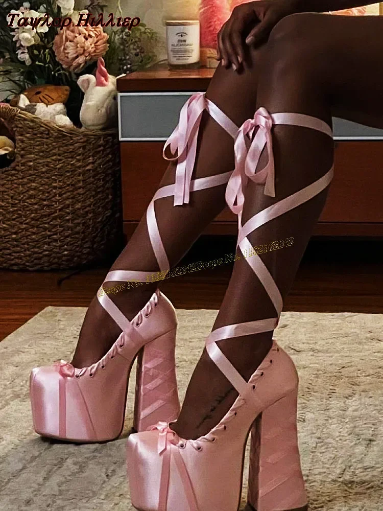 

Pink Waterproof Platform Pumps Round Head Bow Thick Heel Cross Strap High Heels Fashionable Shallow Mouth Nightclub Women'S Shoe