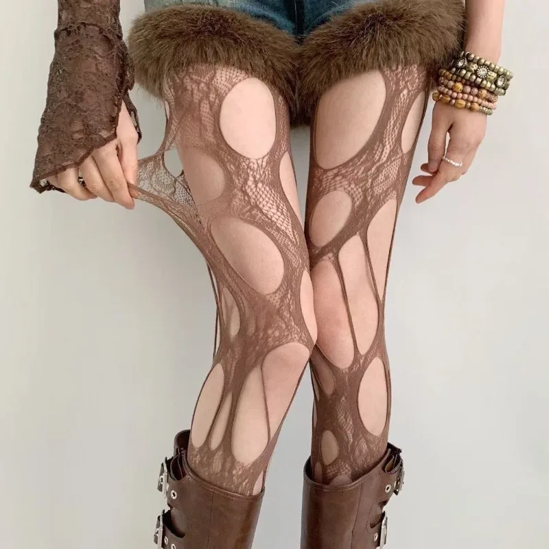 

Women's Irregular Exposed Skin Tights Ripped Fishnet Thin Pantyhose Punk Y2K Hollowed-out Retro Lace Sexy Silk Stockings