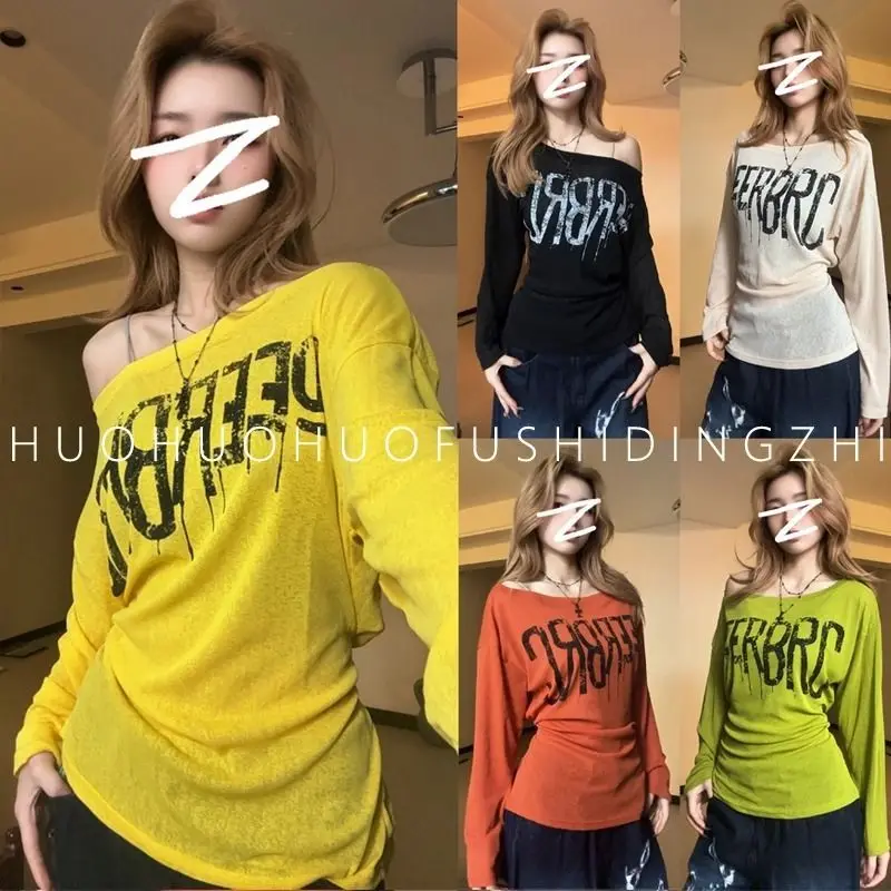 Women's Casual Long Sleeve Sheer T-Shirt Gothic Letter Print Sunscreen Cover Up Loose Fit American Style Y2K Oversized Blouse