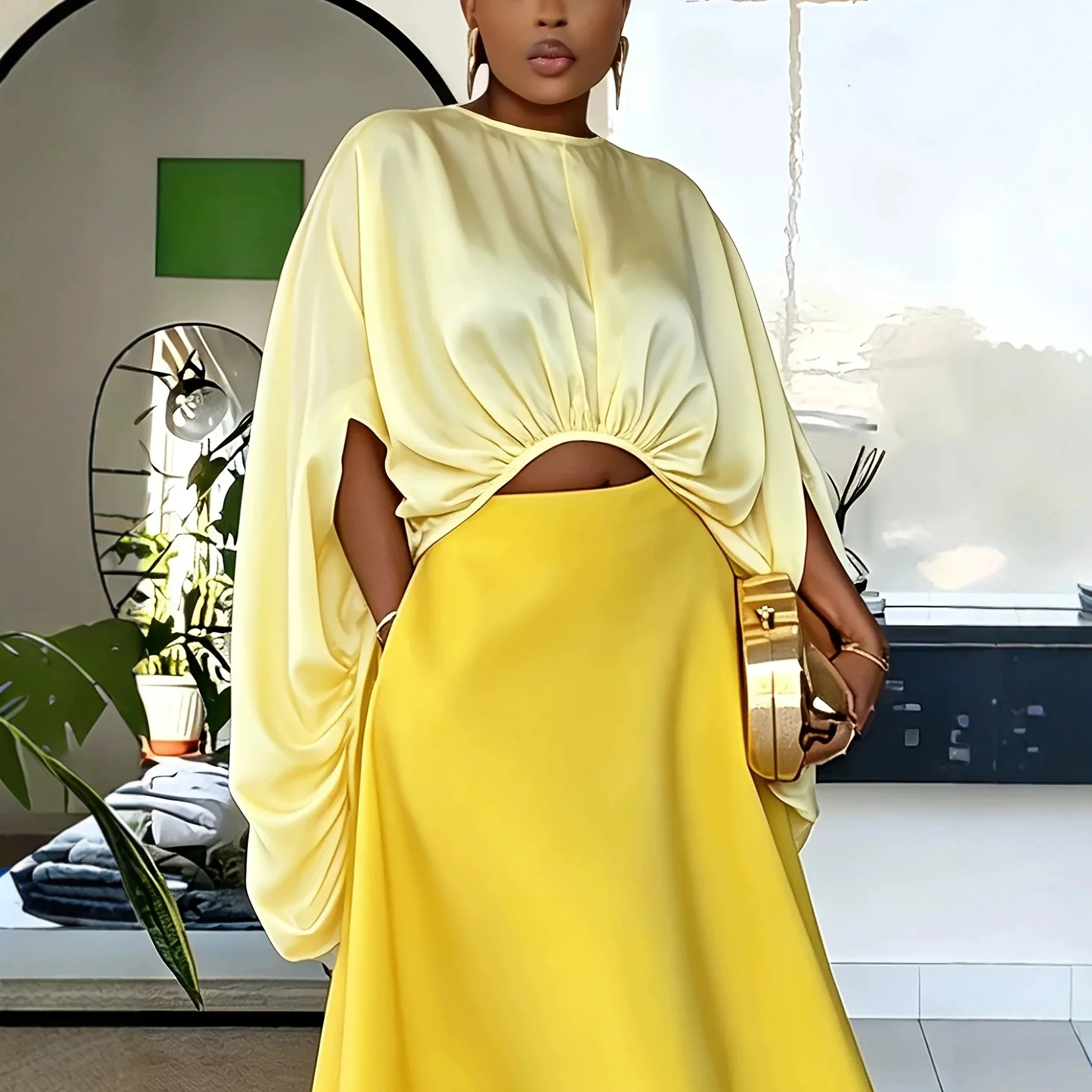 Women Satin Two Piece Outfit Set Batwing Sleeve Cutout Crop Top and Asymmetric Midi Skirt  Pockets Elegant Matching Set image 3