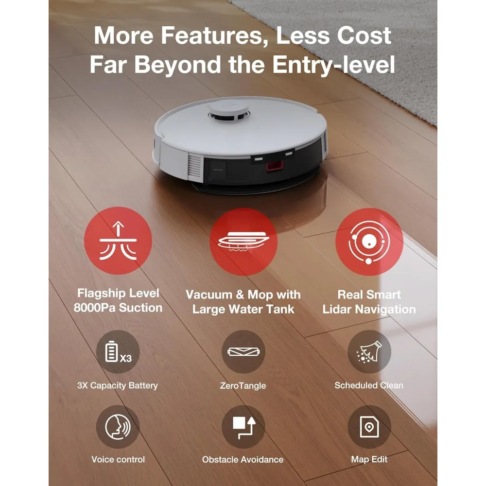 C12 Robot Vacuum Cleaner and Mop, 8000Pa Strong Suction, ZeroTangle Brush, Smart Navigation, Self-Charging,Work with Alexa White