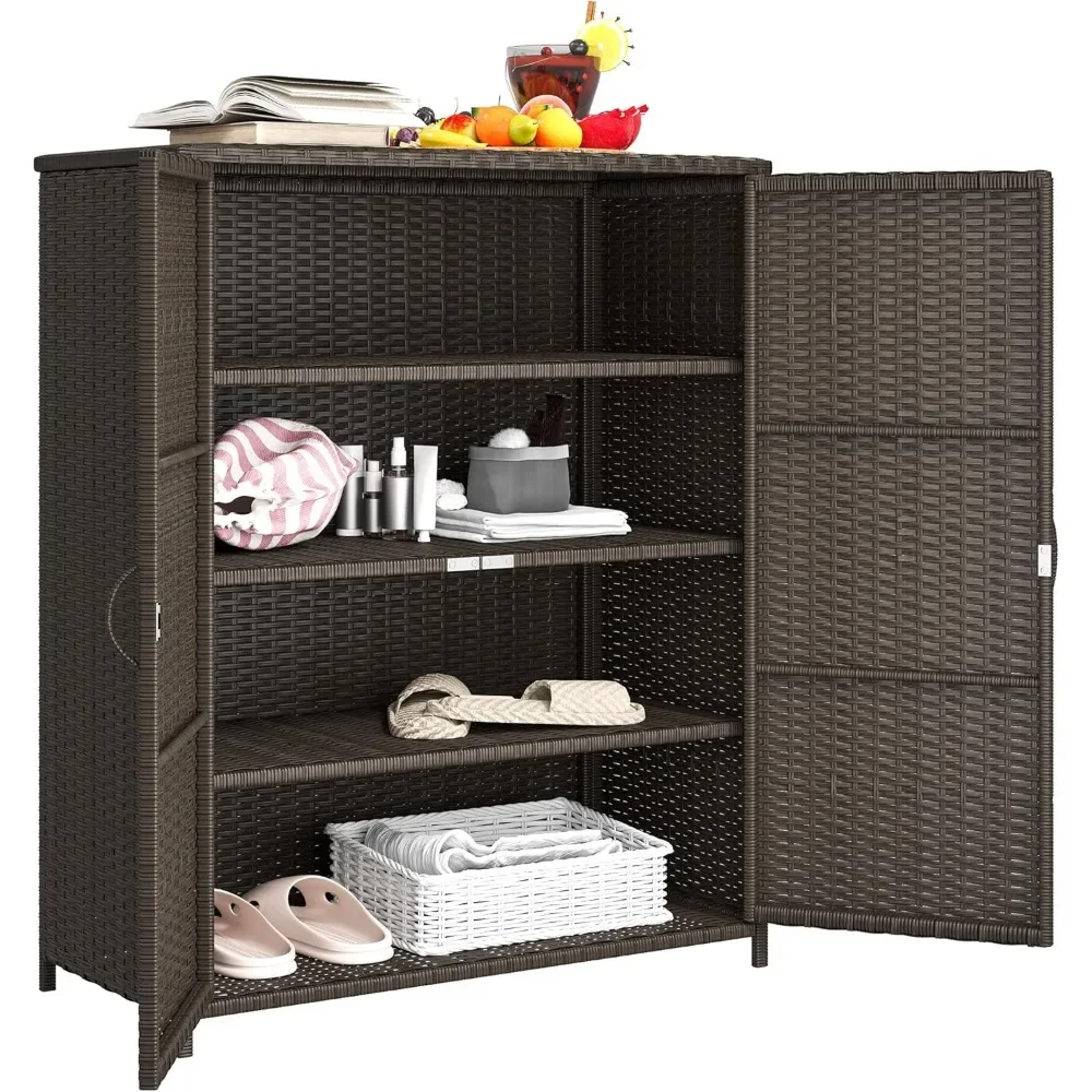 

Wicker Outdoor Storage Cabinet with Shelves, 4-Shelf Outdoor Pool Towel Cabinet with Two Doors, Rattan Patio Storage Shelves
