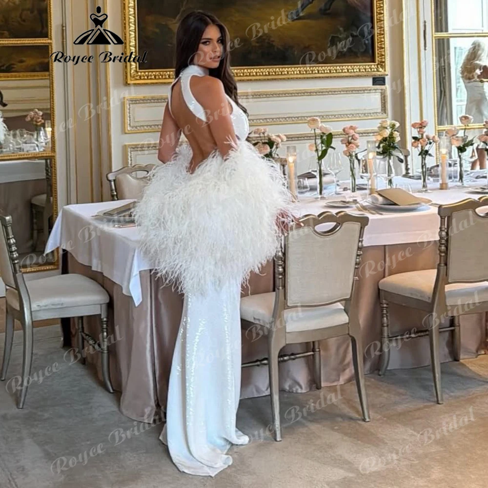 2026 Neckholder-Pailletten-Meerjungfrauenkleid für die Hochzeitsnachparty mit Federbesatz und offenem Rücken, Brautkleid nach Maß