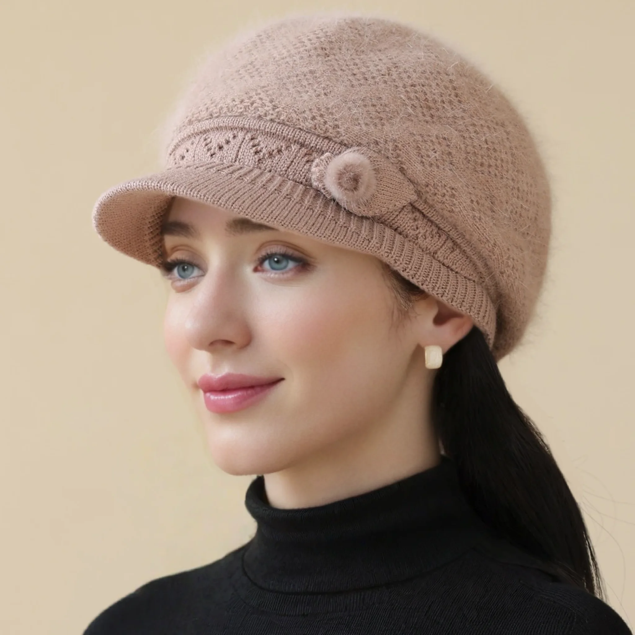 حار بيع النساء الشتاء قبعة أفخم الفراء اصطف قبعة دافئة للنساء عارضة الأرنب الفراء مزيج الشارع الشهير في الهواء الطلق الأزياء محبوك قبعة