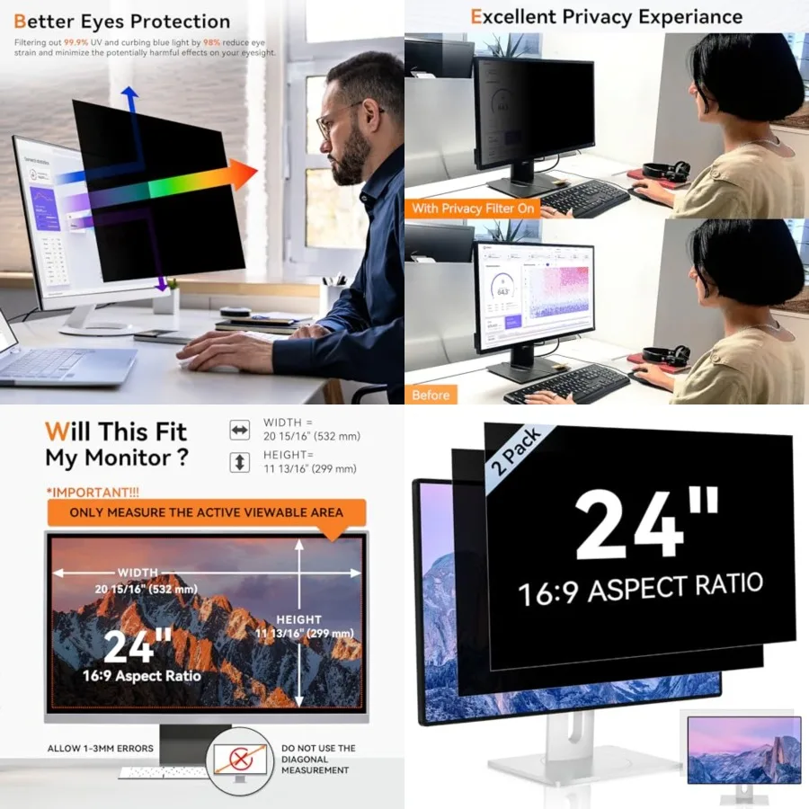 

[2 Pack] 24 Inch Computer Privacy Screen for 16:9 Aspect Ratio Widescreen Monitor, Eye Protection Anti Glare Blue Light Computer Monitor Privacy Filter, Removable Anti-Scratch 24in Protector Film