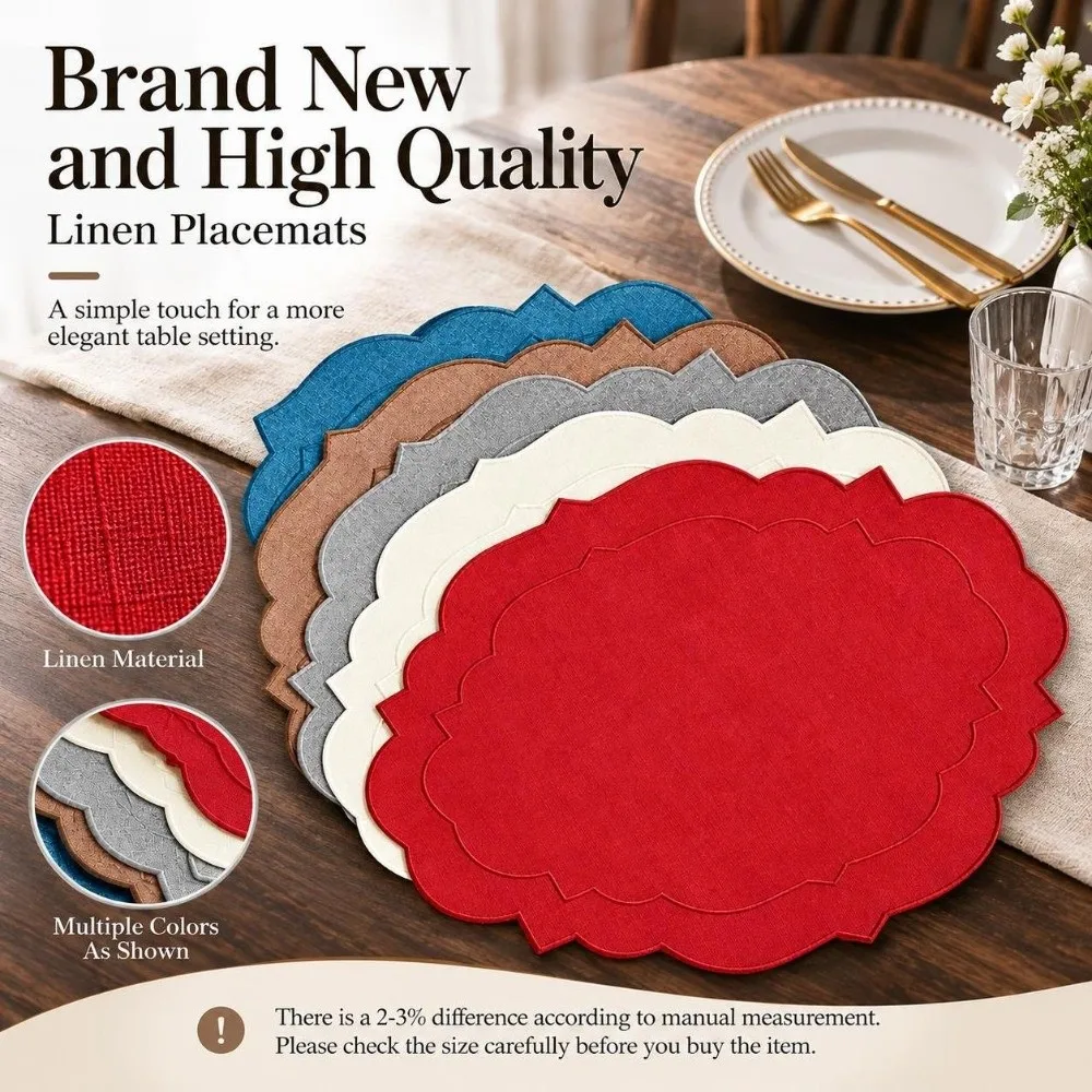 45×35cm Linen Placemats Irregular Overlocked Edge Embroidered Placemats Cotton Linen Anti-Slip Table Placemats Dining Room Use