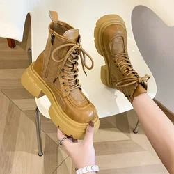 2024 New Internet Famous Lace Up Fashion Boots for Women Round Toe Side Zipper Thick Soled Casual Knight Boots Plus Size 40