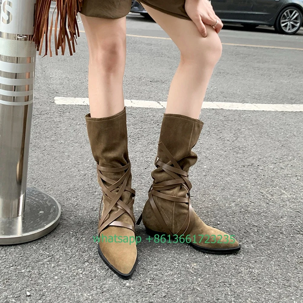 Cavalier Boots Women 2024 New Retro Style Lace Up Western Cowboy Boots Pointed Toe Low Heeled High Boots Suede Lining Winter