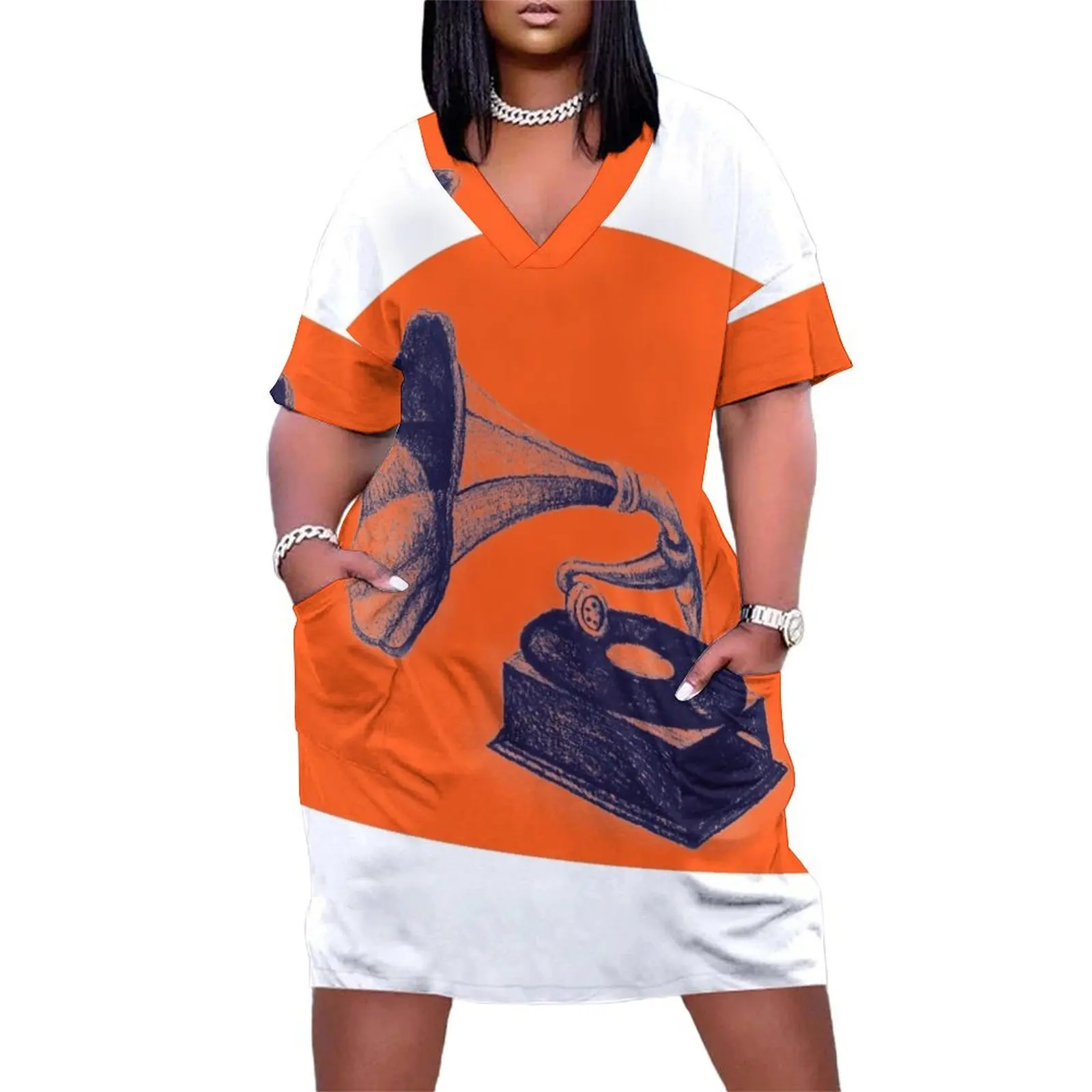 

Drawing of vintage gramophone. Illustration Loose Pocket Dress purple dress women's summer dress 2025 sexy