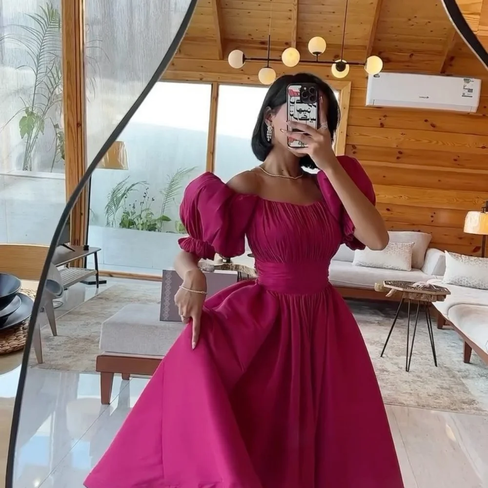 Contessa ดูไบสีแดงพัฟแขนหนึ่งไหล่ชุดแต่งงานซาตินที่ไม่มีสายหนัง vestidos de Noche A-Line FBساتLa ที่กําหนดเอง 2025