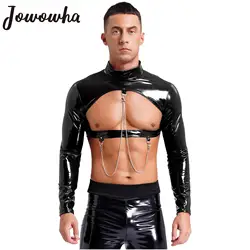 Mens Sexy Hollow Out Crop Top Glossy Patent Leather Long Sleeve Cutout T-shirt Top with Metal Chains Party Pole Dancing Clubwear