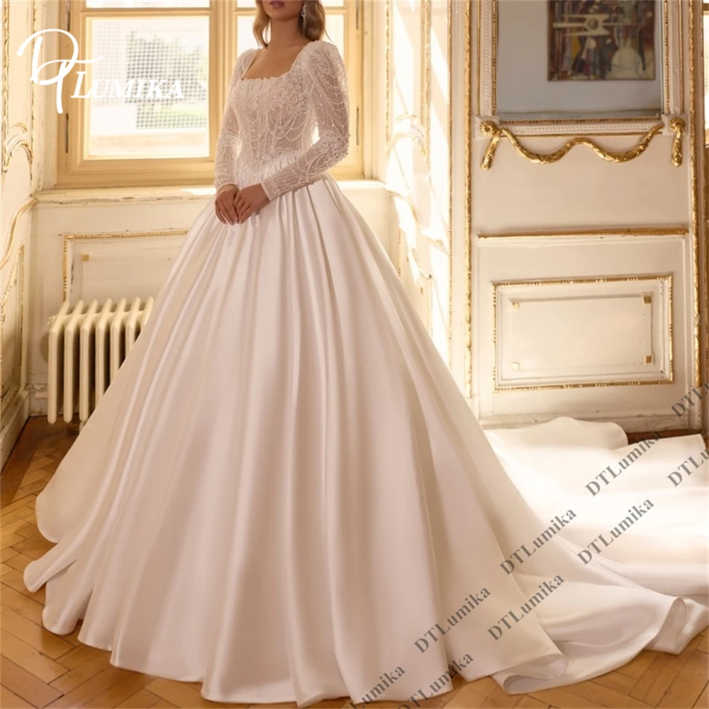 DTLumika Beaded Bride Dress with Full Sleeves and Satin Skirt, A Line Long Train Wedding Dresses Customized Size Bridal Gown
