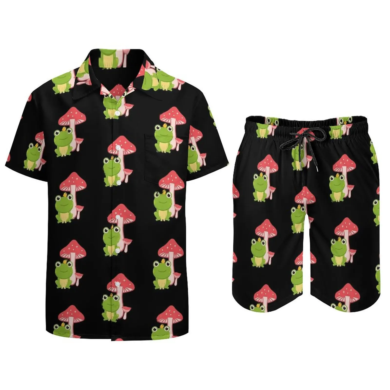 Cute Mushroom Frog Men Sets Kawaii Animal Casual Shirt Set Vintage Fitness Outdoor Shorts Summer Suit 2 Piece Clothing Plus Size