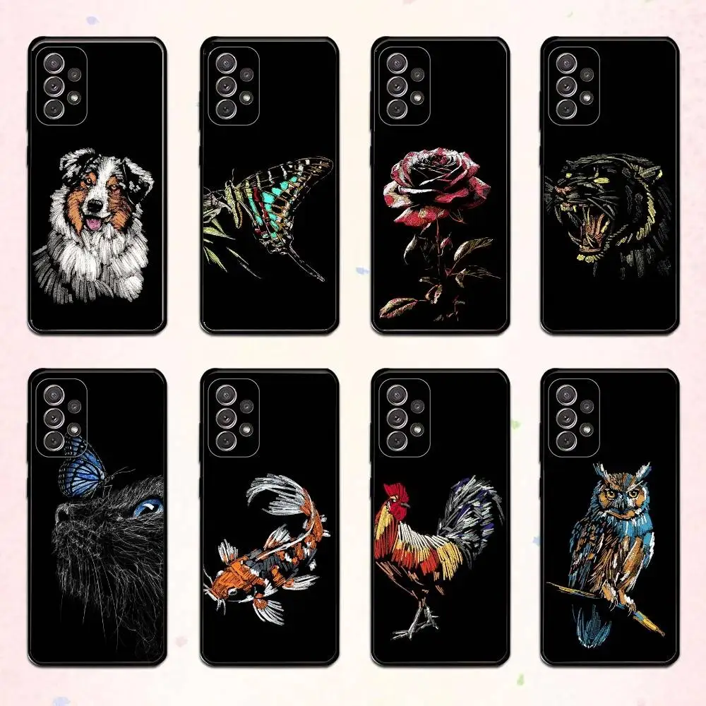 

H-Hand drawn Texture Animal Plant Phone Case For Samsung S 25,24,23,22,30,21,10,9,Ultra,Plus,Lite,FE,4,5 G Soft Black Case