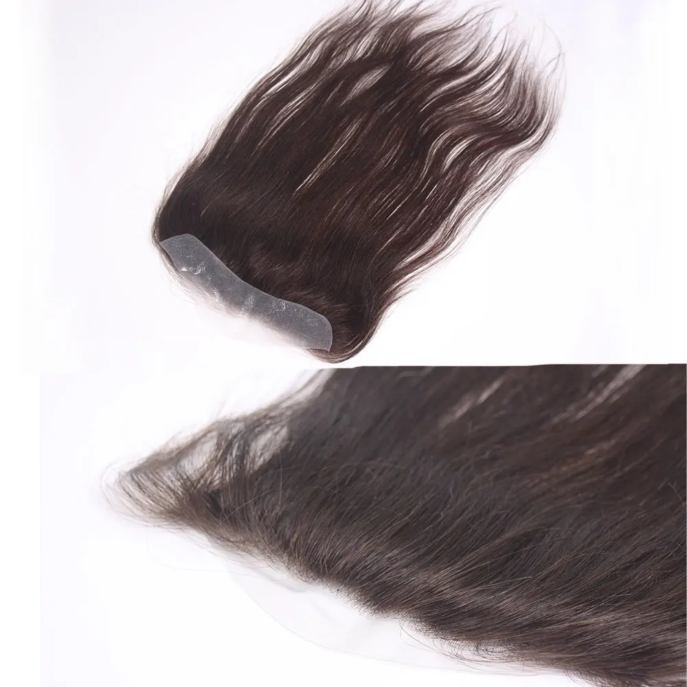 Parrucchino unisex con nastro adesivo - Sostituzione base biologica sottile in PU per capelli umani lisci a forma di V (2x16 cm 13 pollici)