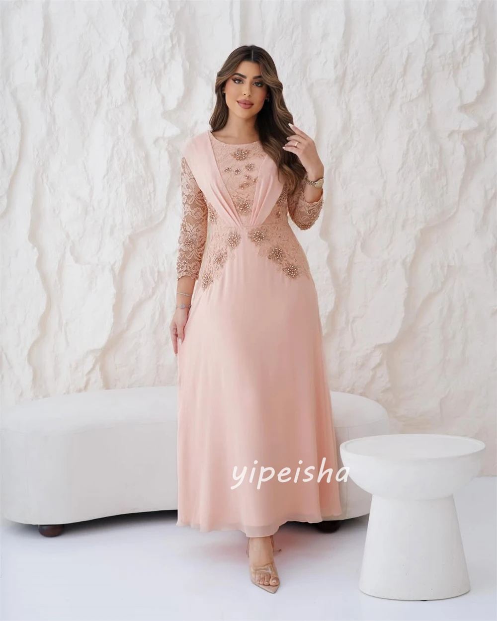 Maßgeschneiderter moderner Stil, modisch, Chiffon, Perlenstickerei, Spitze, A-Linie, U-Ausschnitt, knöchellange Kleider, Abendkleider, hochwertig, formell