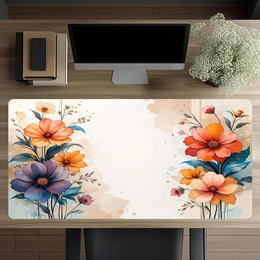 HD printing natural rubber watercolor orange purple flower desk mat fresh Chinese style non-slip stitched mouse pad