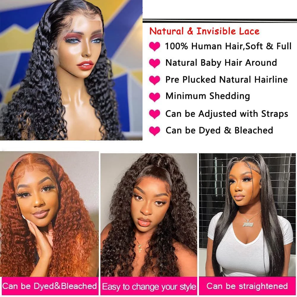 42インチ200%密度13x6透明ディープウェーブカーリー人毛レースフロントウィッグ（女性用、プレプラッキング済み）