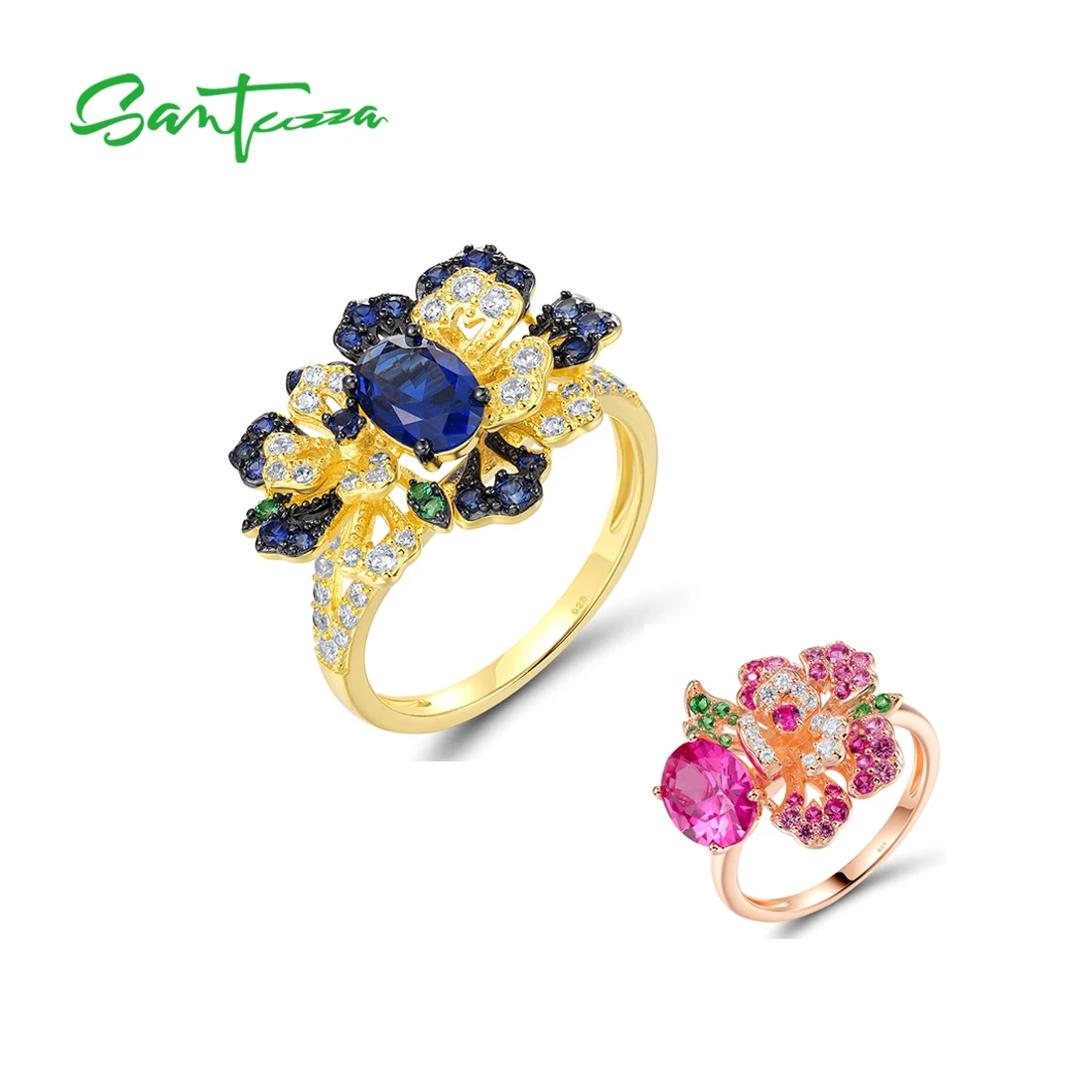 SANTUZZA Genuine 925 Sterling Ring For Women Sparkling Blue Pink Gems Blooming Flower Premium Wedding Delicate Gift Fine Jewelry