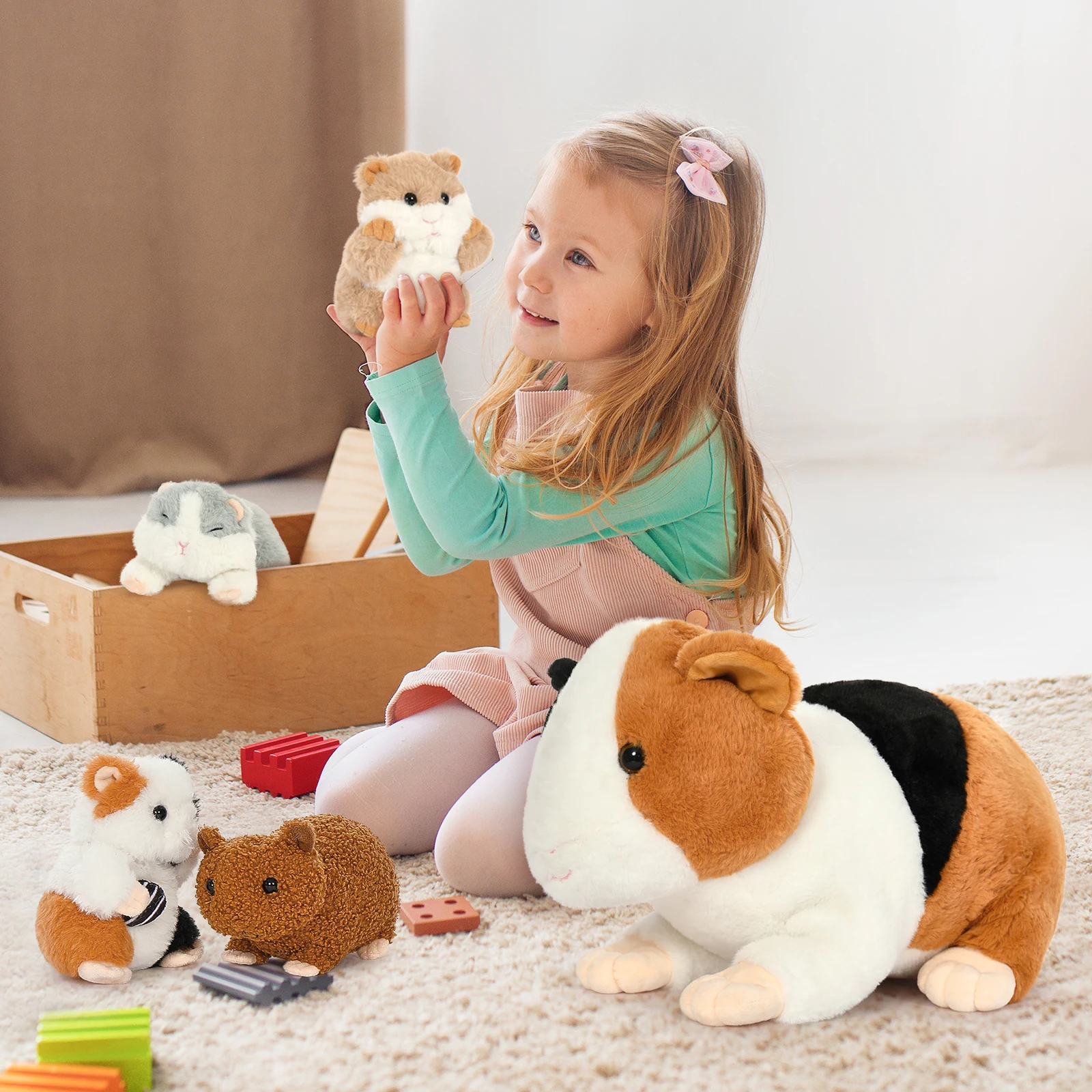 모리스모스 기니피그 테디와 새끼들이 안에 있는 실물 같은 햄스터 봉제 인형, 부드럽고 포근한 장난감, 귀여운 생일 선물