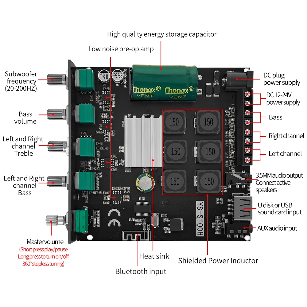 YS-S100H TPA3116D2 BT 5.1 2.1 Channel Power Audio Stereo Subwoofer Amplifier Board 50W*2+100W TREBLE Bass note tuning AMP APP