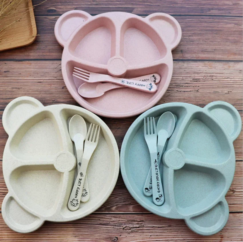 3Pcs/Set Baby Food Feeding Tableware Cartoon Bear Bowl+Spoon+Fork Eating Dinnerware for Children Dishes Kids Dinning Plate