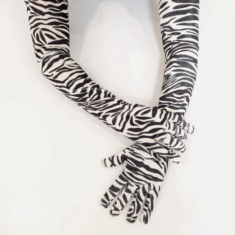 Fashionable Soft Velvet Long Gloves Warm Winter Autumn Party Ball Show Zebra Pattern Dress Gloves Elegant Formal Etiquette