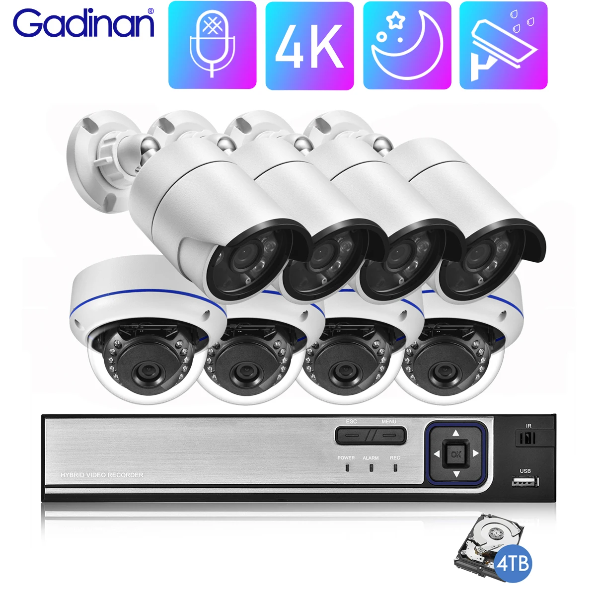 

Gadinan 4K 8MP POE IP Camera System Outdoor 4CH 8CH NVR Dome Bullet Network Surveillance Kit Security Home CCTV Audio Record Set