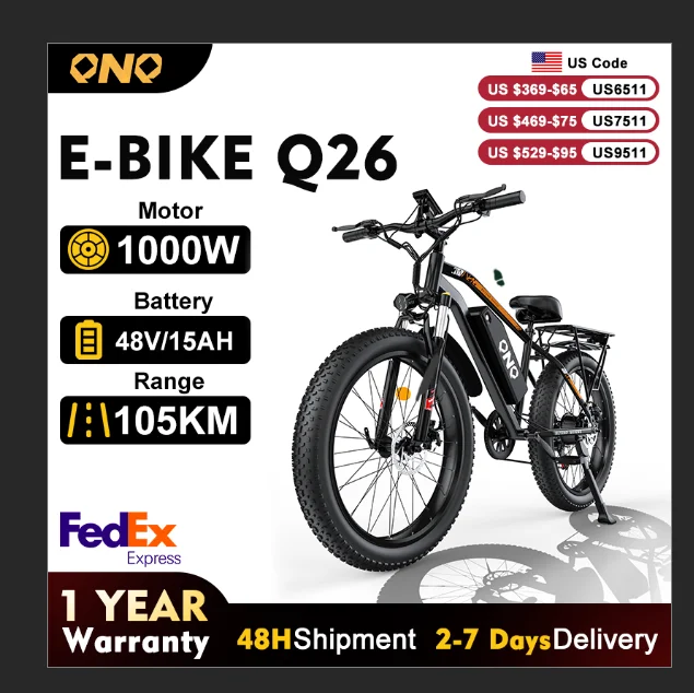 

QNQ Q26 Electric Bicycle 1500W Motor 48V15AH Lithium Battery Electric Bike 26 Inch Fat Tire Snow E-bike