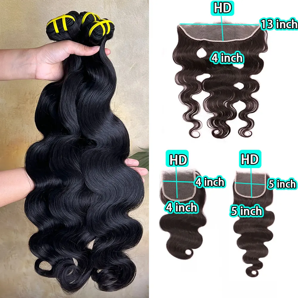 

Наборы натуральных волос Body Wave с закрытием 13x4/5x5, 100% натуральные необработанные волосы для наращивания, 2X6 с центральной частью на кружевной основе