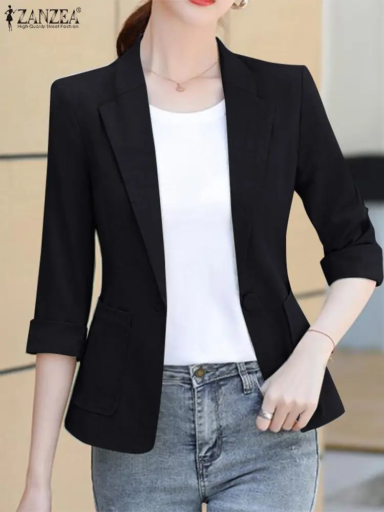 2024 Zanzea Vrouwen Blazer Herfst 3/4 Mouwen Elegante Office Ol Jassen Mode Losse Pak Kraag Casual Effen Kleur Zakken Uitloper