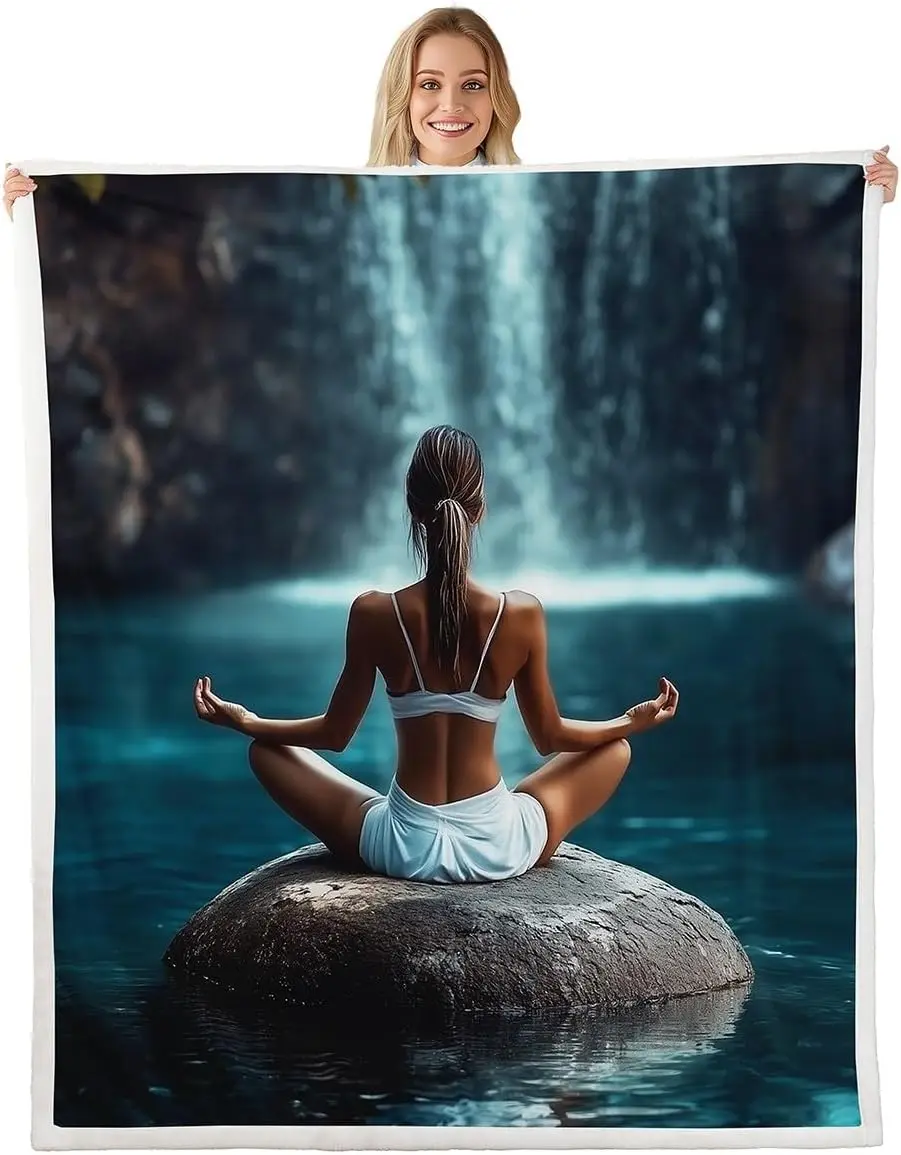 Yoga meditation blanket waterfall nature scene serene art soft throw mindfulness decor bedroom textile peaceful home accessory