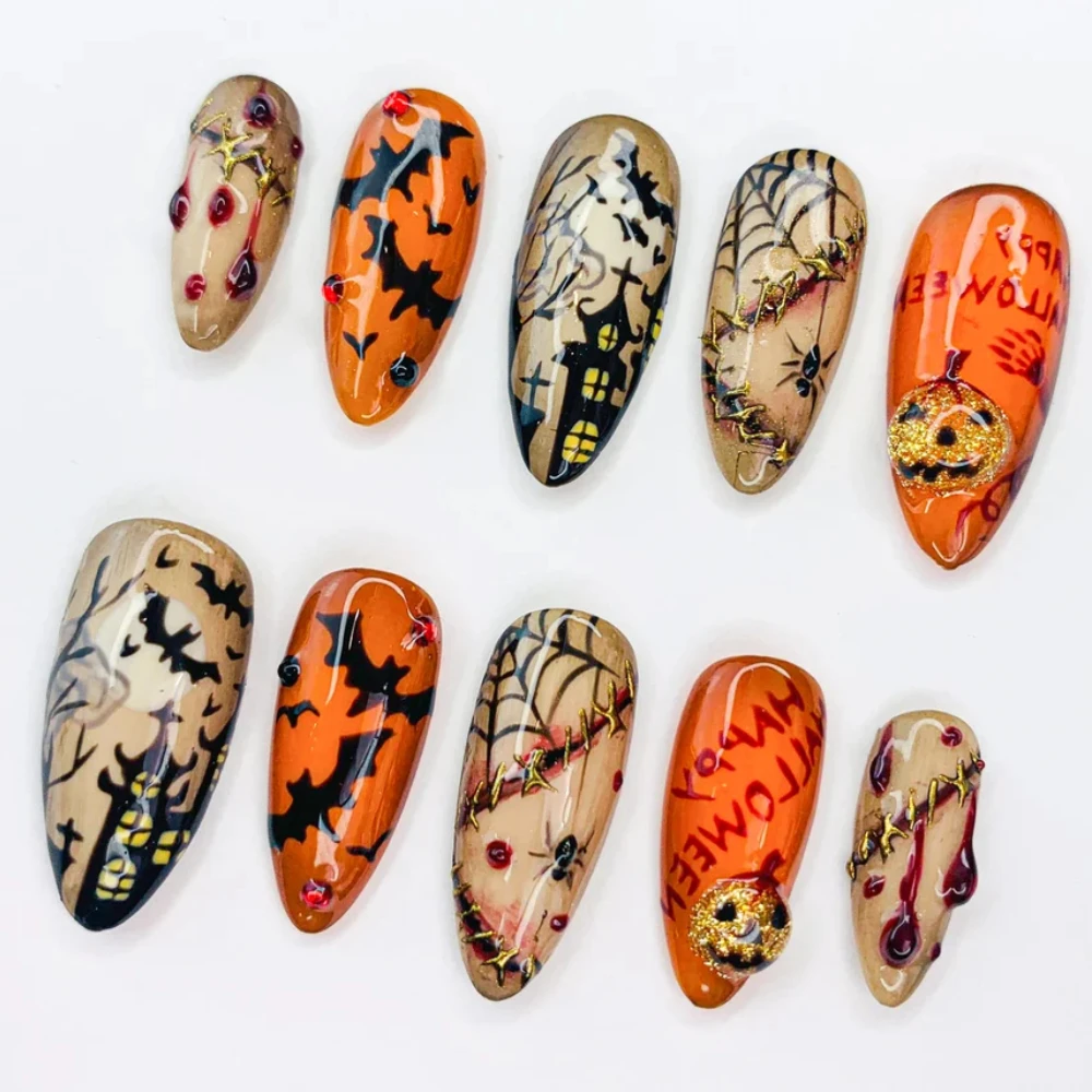 Handmade Press On Nails Halloween Carnival 3D Terrifying Evil Pumpkin Medium Almond Fake Nails Design Art DIY Nails with Set