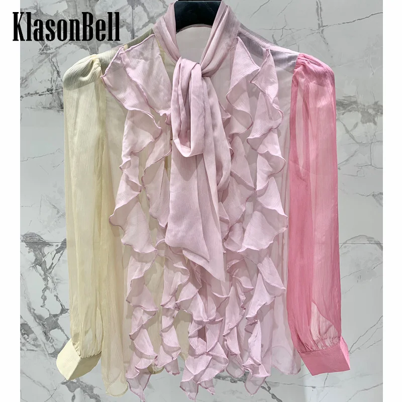 

6.6 KlasonBell Elegant Sweet Ribbon Spliced Colors Long Sleeve Blouse For Women 2024 Summer New Ruffle Sheer Thin Bow Shirt