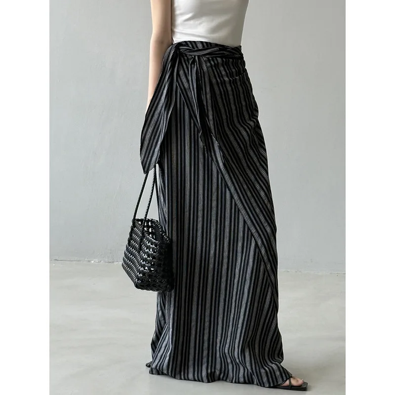 QICHE 2026 New Women Elegant A-Line Long Skirt French Striped Tie High Waist Vacation Outer Skirt