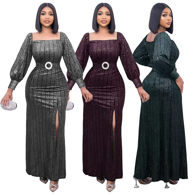 

Evening Party African Dresses For Women Elegant Long Sleeve Maxi Dress and Belt Africa Clothing Vestidos Robe Africains Femme