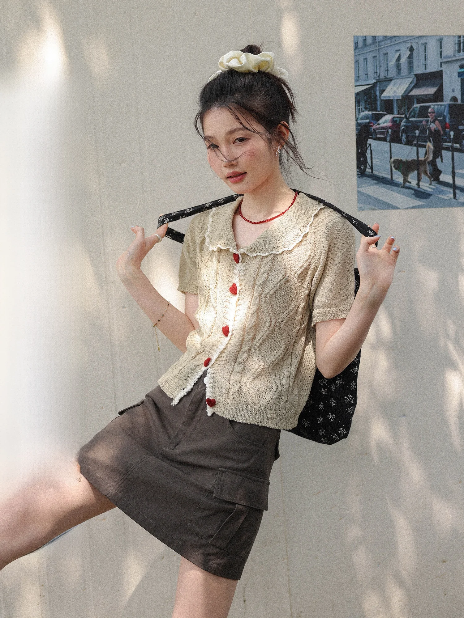 

Kaki Color Doll Collar Heart Button Short Sleeve Knitted Sweater Women Summer New Thin Beautiful Top Mixd Brand Color Match