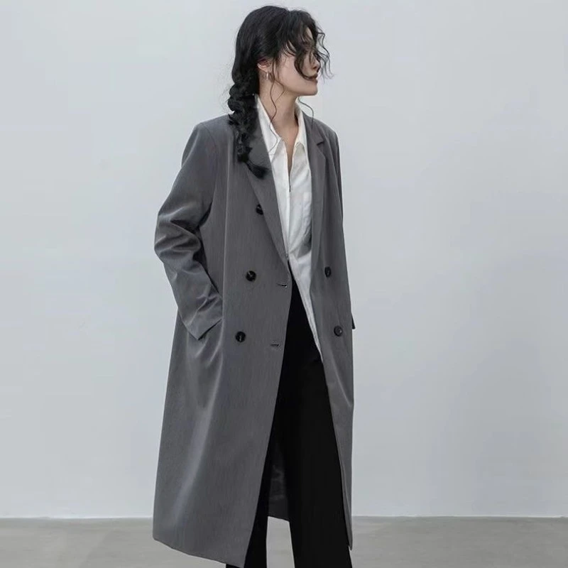Trench lungo elegante semplice allentato da donna Blazer nuovo arrivo primavera autunno cappotto doppiopetto di alta qualità Harajuku