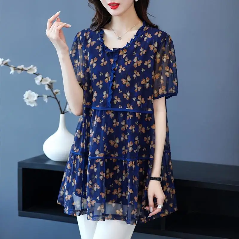 Women\'s Clothing Fashion Printed Midi Blouse Casual Round Neck 2023 Summer Short Sleeve Vintage Edible Tree Fungus Spliced Shirt