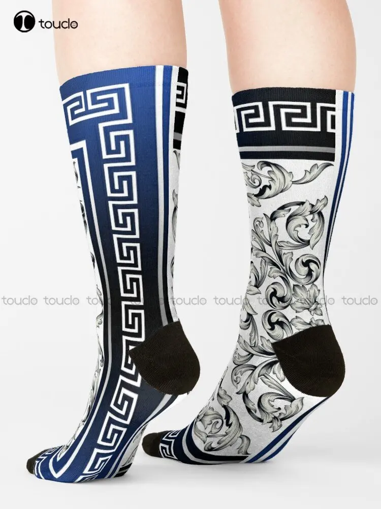 White Blue Greek Meander Baroque Socks Football Socks Youth Boys Personalized Custom Unisex Adult Teen Youth Socks Custom Gift