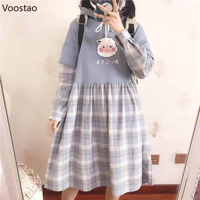 Japanese Kawaii Lolita Style Dress Women Sweet Plaid Patchwork Ruffles Loose Dresses Korean Fashion Cartoon Sheep Print Dress