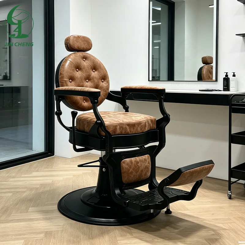 Jincheng Wholesale Retro Barber Chair Recliner Synthetic Leather 360-degree Rotating Ergonomic Metal Structure Can Be Customized