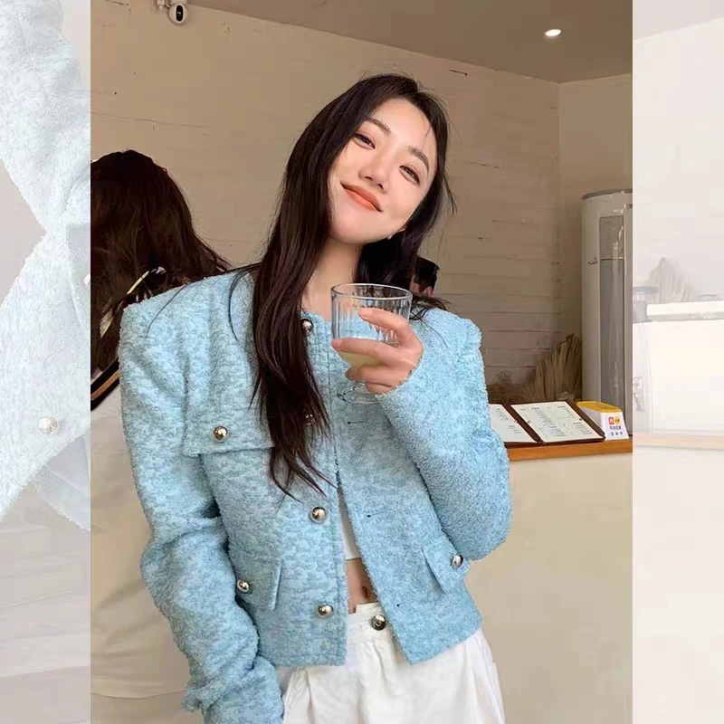 New 2024 Spring Korean Fashion Tweed Jacket Women Blue O-neck Long Sleeve Small Fragrance Short Coat Elegant Outwear High End