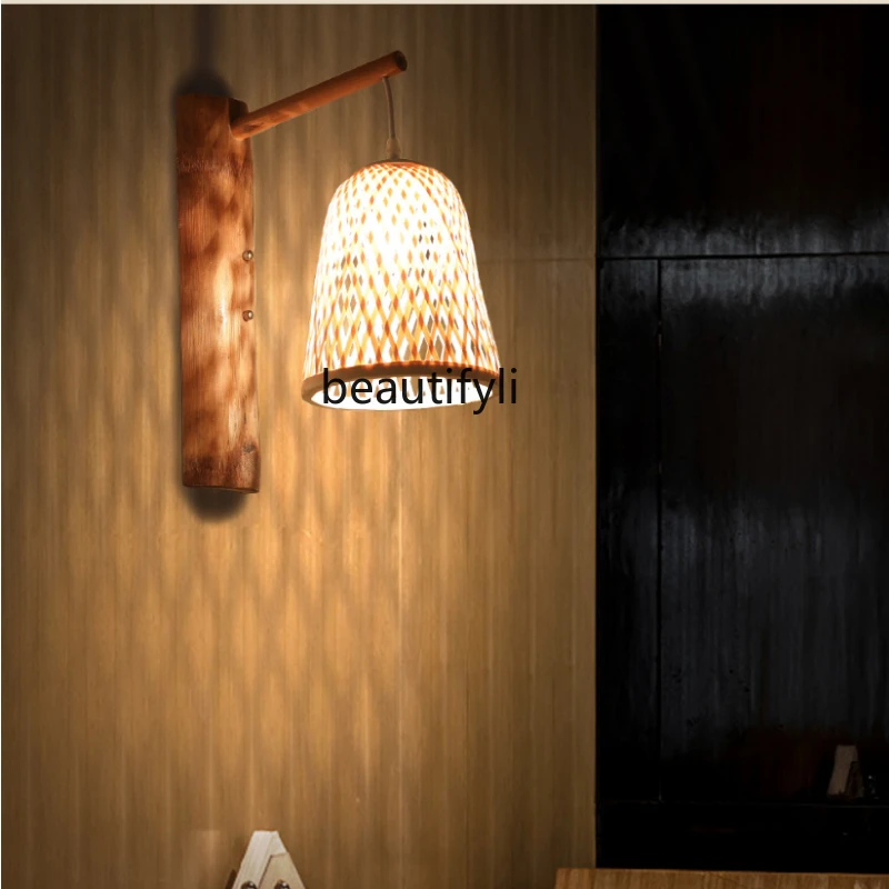 HJ Vintage Tea Room Restaurant Restaurant Hand-Woven Natural Bamboo Strip Decorative Wall Lamp