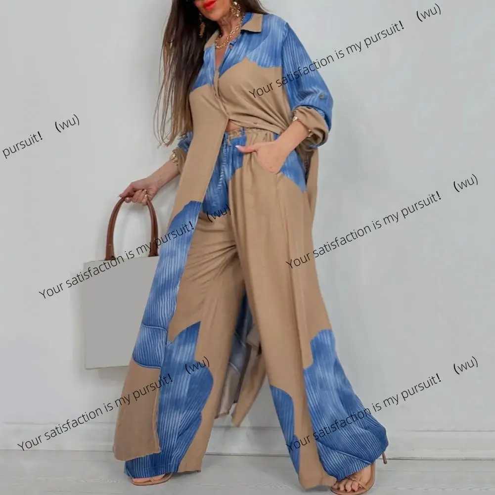 ZOCI-V neck women's casual two-piece suit, super long patchwork printed top + wide-leg pants, loose color scheme work suit