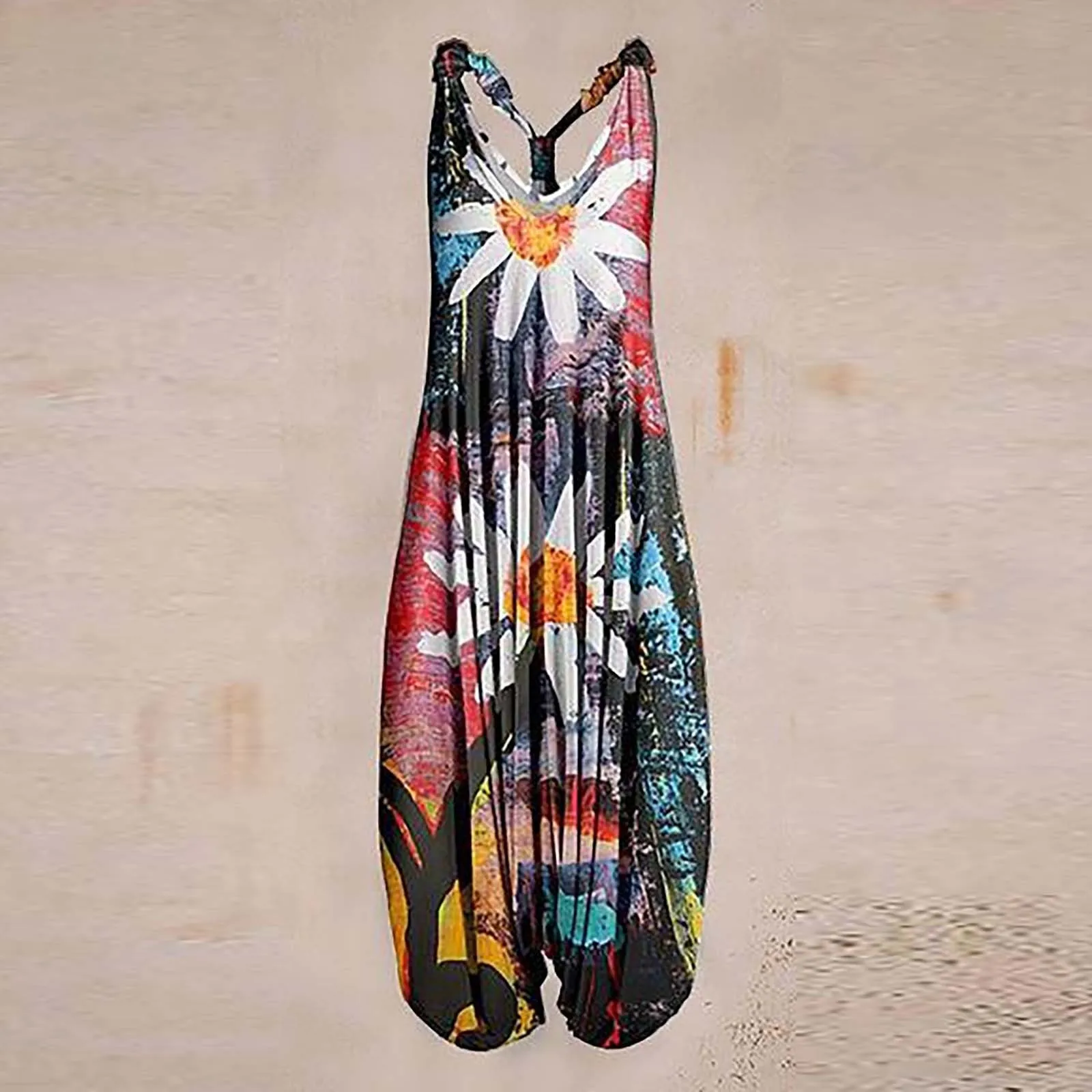 Boho Casual Jumpsuits Women Casual Floral Print Rompers Loose Plus Size Casual Sleeveless Strappy Jumpsuit Vintage Ethnic Style