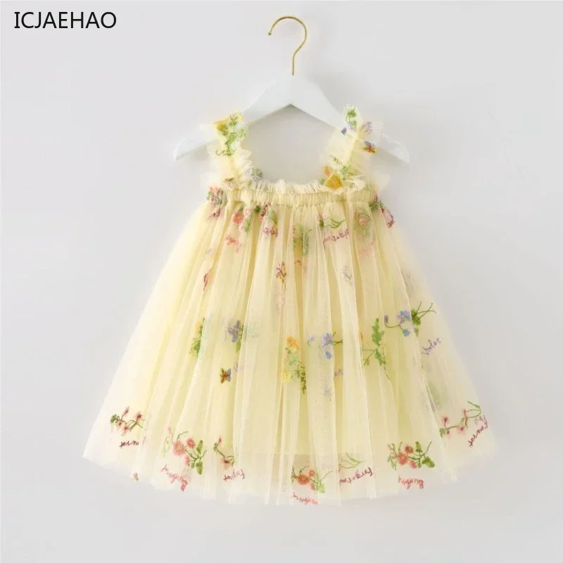 Vestido de alça sem mangas para meninas, roupas de festa de princesa, bordado de flores, infantil, criança, fantasia infantil, aniversário, 2025