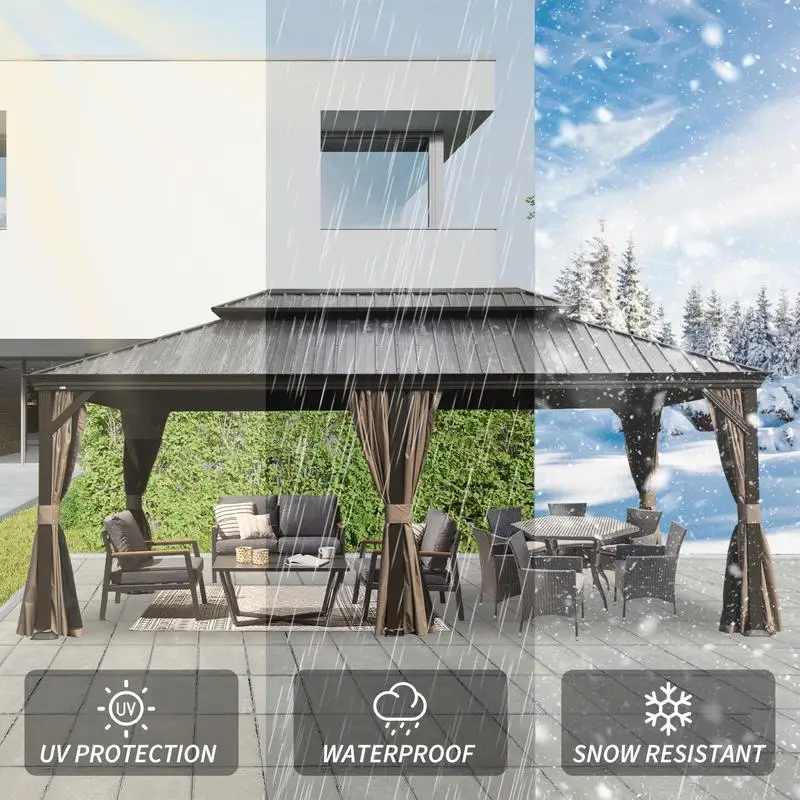 12 × 20 شرفة صلبة، مظلة معدنية مطورة مع نظام تصريف، سقف فولاذي مجلفن بطبقة مزدوجة، يتضمن ستارة و #4